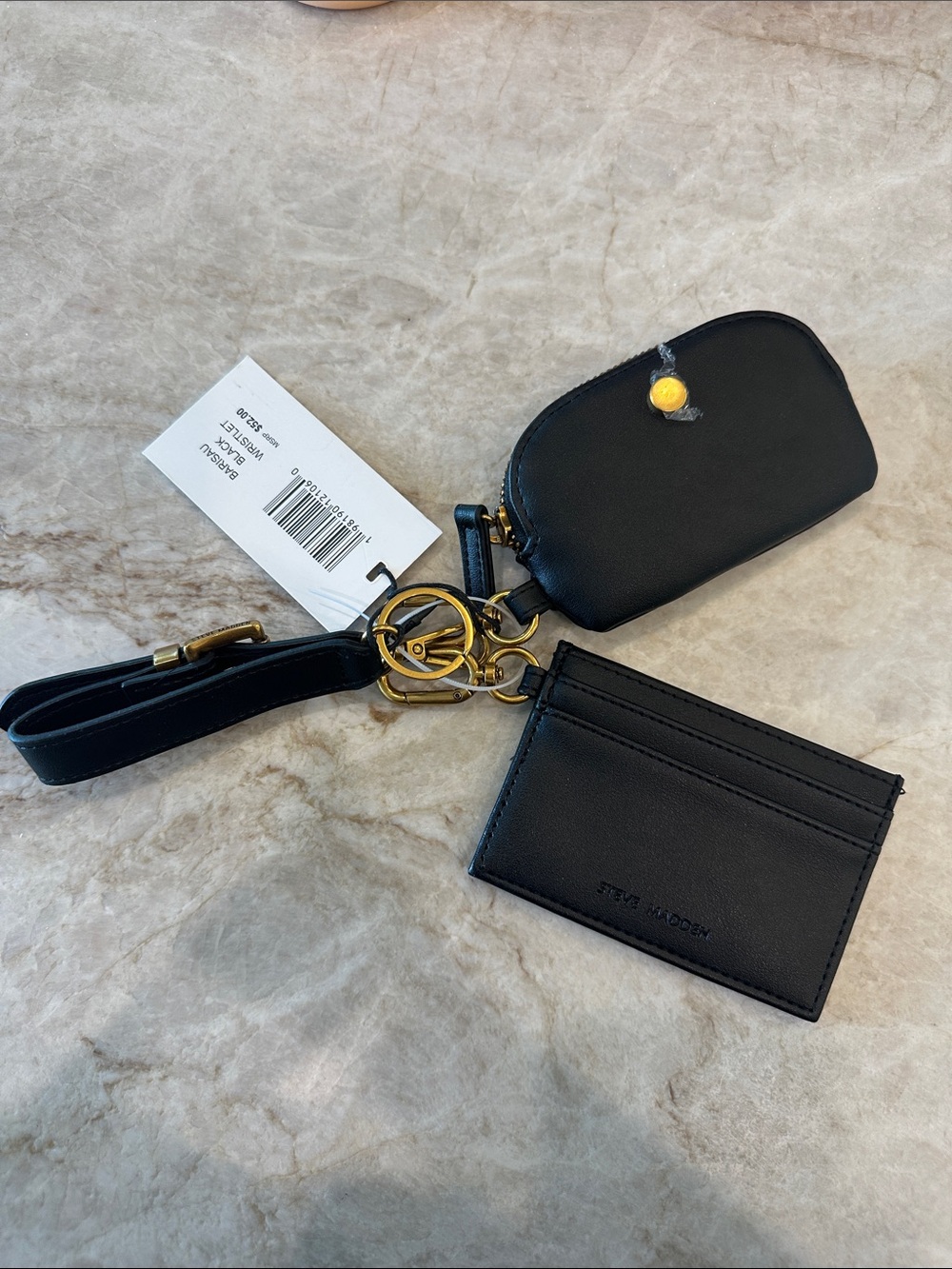 Steve Madden Black Leather Keyring Card Holder Set with Gold Hardware
